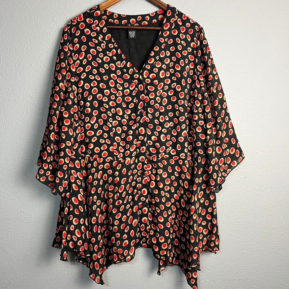 Russell Kemp Semi Sheer Blouse Top Polka Dot Abstract Button Front Flowy Size 1X